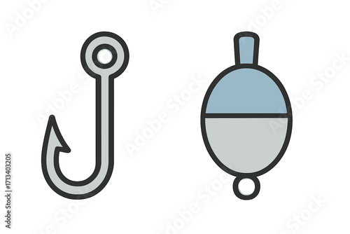 Fishing gear vector icon set with hook and bobber. Angling sport equipment illustration. Cartoon line art graphic of fisherman's tackle. Simple isolated design elements.
