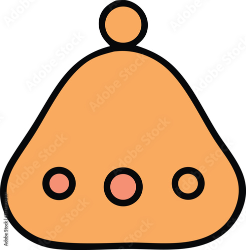 Whimsical orange bell shape with three circles and a small sphere on top