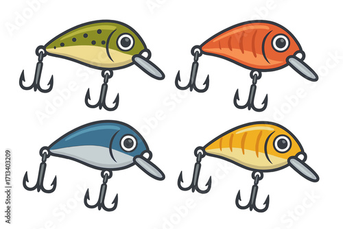 Set of colorful fishing lures. Wobbler bait with treble hooks for catching fish. Fishing tackle and equipment vector cartoon illustration. Sport fishing hobby concept icons.