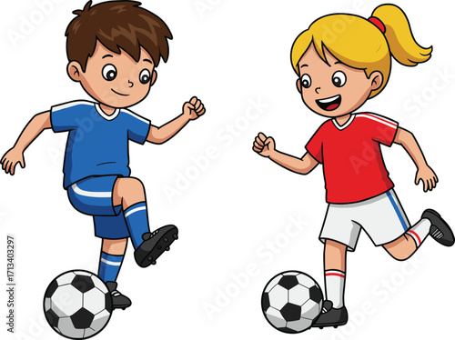 Boy in blue soccer uniform and girl in red jersey playing football, active children sports illustration, teamwork and exercise, outdoor activity, fun and fitness