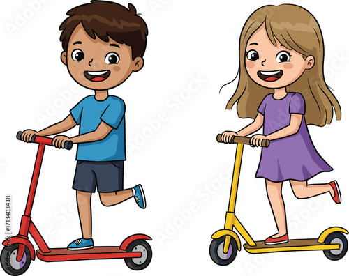 Boy riding red scooter and girl riding yellow scooter, playful children outdoor activity, fun exercise, healthy lifestyle, sports for kids, colorful cartoon illustration