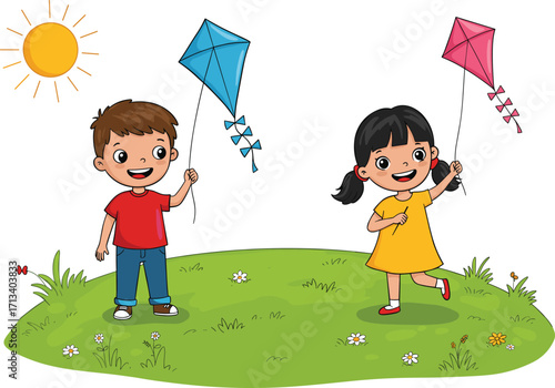 Boy and girl flying colorful kites on grassy field, cheerful children outdoor activity, summer fun, playful scene, friendship and leisure, sunny day illustration