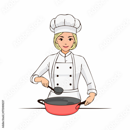 Smiling chef cooking delicious meal in kitchen with modern cookware for culinary delight