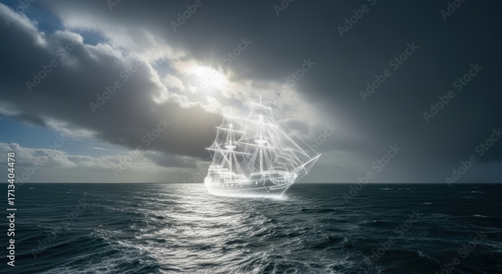 Obraz premium Ghostly Ship Sailing Across Dark Ocean Waters Under Cloudy Sky