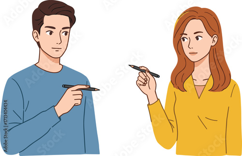 Office communication, pen gesture discussion, teamwork concept, professional interaction, idea exchange, business collaboration, teaching moment, workplace dialogue, explanation, focus