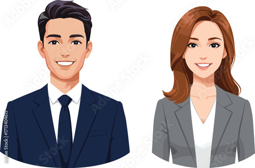 Professional portrait illustration, business attire, smiling characters, corporate team, workplace diversity, cartoon style, career theme, office concept, presentation-ready