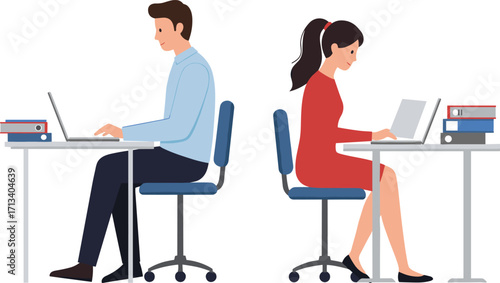 Remote work illustration, office setup, laptop productivity, business attire, teamwork concept, study environment, workplace diversity, modern desk scene, career focus