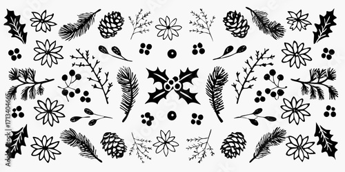Hand drawn black and white christmas elements collection with pine cones holly berries and leaves