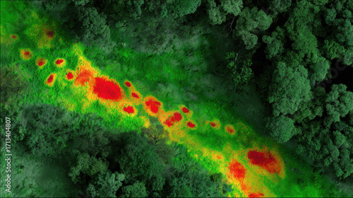 Wild animal tracking heatmap over dense forest showing animal movement patterns and habitat use in vibrant colors