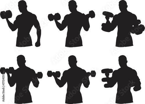Dumbbell exercise silhouette sequence, muscular man lifting weights, bodybuilding workout illustration, strength training concept, fitness routine, gym activity, upper body workout