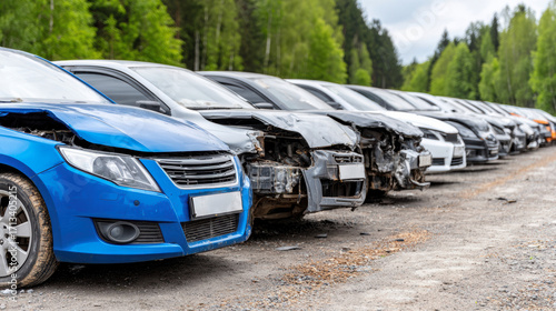 Damaged car, junkyard, broken vehicle, outdoor, row Damaged car junkyard with broken vehicles