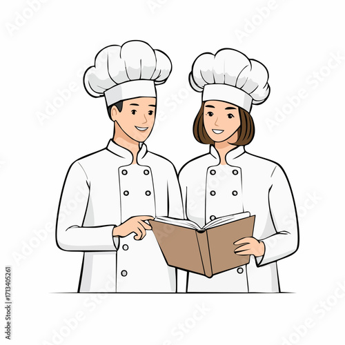 Two chefs collaborating, reading recipe book together, preparing for culinary success, teamwork