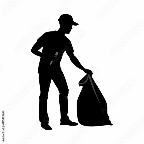 Silhouette of a person collecting trash with a bag, promoting environmental awareness and community care