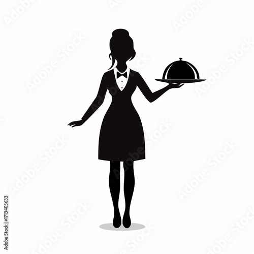 Elegant waitress silhouette presenting a cloche, perfect for restaurant branding and hospitality