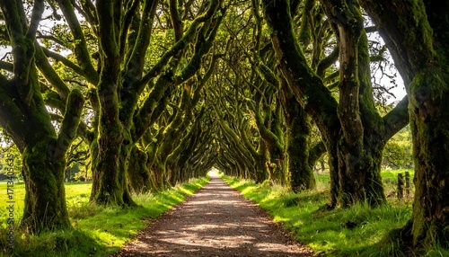 Lush tree tunnel leading to a light