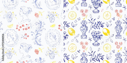 Elegant seamless pattern with vintage portraits floral motifs and citrus fruits in a watercolor style