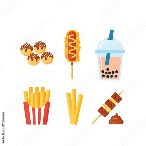 Flat lay of six popular street food items: takoyaki, corn dog, bubble tea, french fries, potato sticks, and yakitori, illustrated in a vibrant, colorful style against a white
