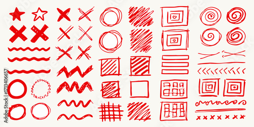 Collection of hand drawn red doodle shapes and symbols on a white background