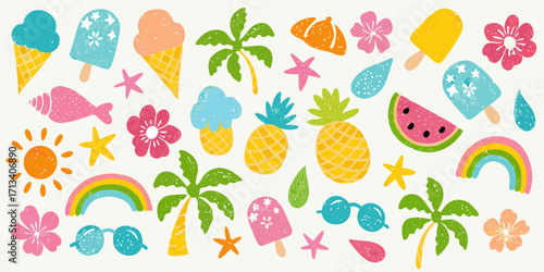 Bright and cheerful summer vacation icons including ice cream pineapples palm trees sunglasses and rainbows
