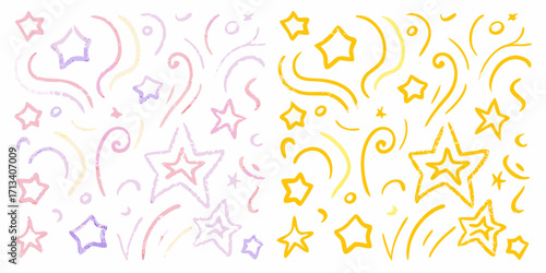 Whimsical hand drawn stars and swirls pattern in pastel pink purple and bright yellow on white background