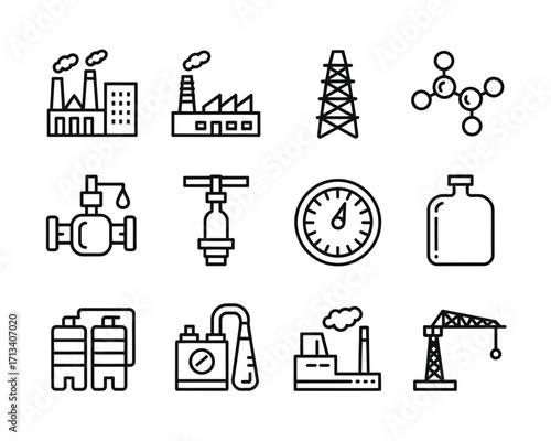 Industrial factory equipment and scientific molecular structure icons industry building