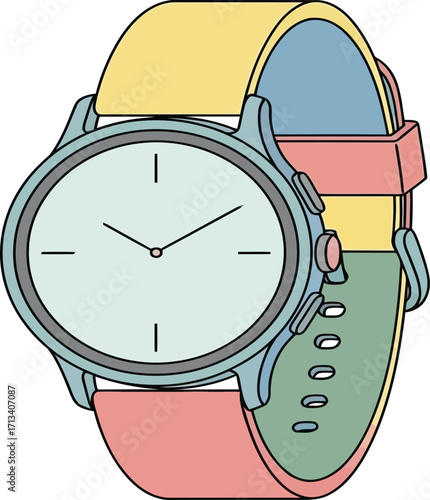 Colorful Smartwatch Illustration: A vibrant illustration showcases a modern smartwatch with a sleek design, featuring a round dial and a multi-colored strap.