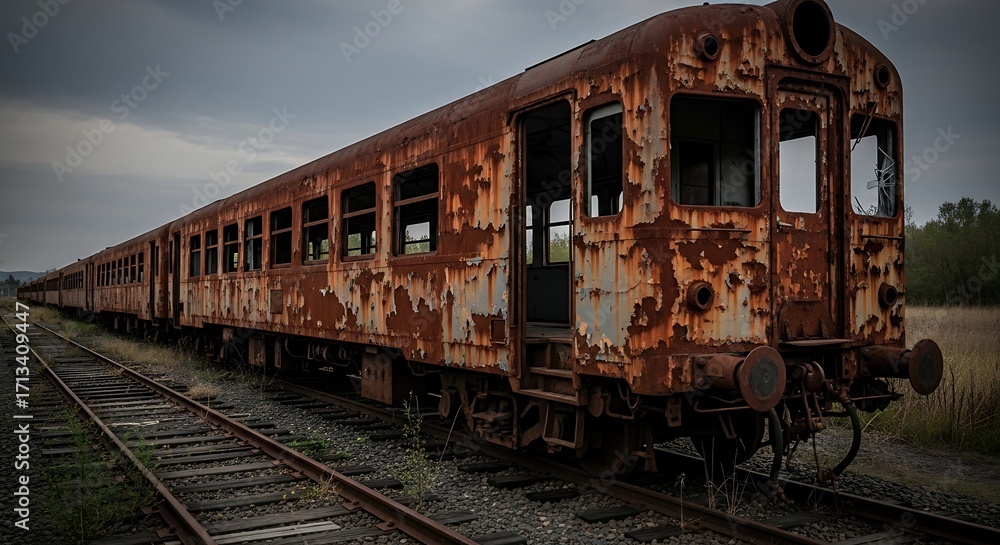 Obraz premium Rusty Train Car Abandoned on Tracks.