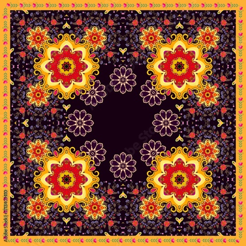 Luxurious print for a square scarf or carpet with bright mandalas, floral pat...