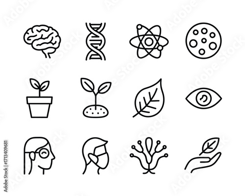 Science and biology icons brain dna atom cell plant eye person mask vector