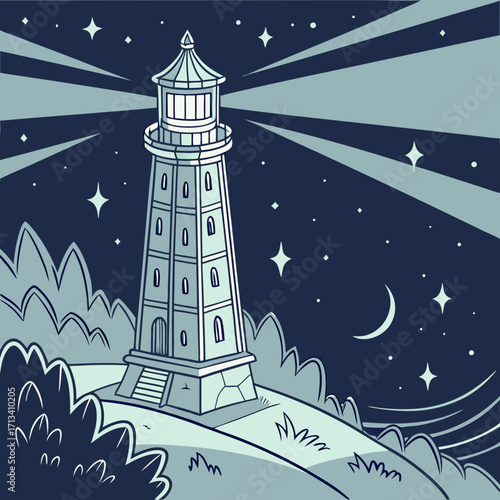 A tall classic lighthouse stands on a grassy hill at night its powerful beam cutting through the starry sky illuminating the dark ocean horizon