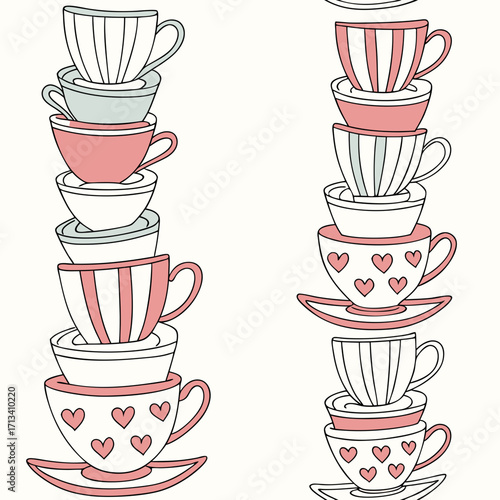 A whimsical illustration of stacked teacups and saucers in pastel pink and mint green adorned with delicate stripes and charming hearts perfect for a playful tea party theme
