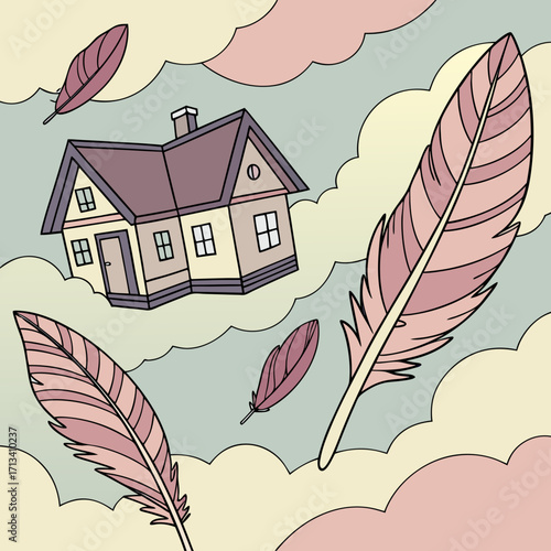 A whimsical illustration of a charming house floating serenely among soft pastel clouds with delicate feathers drifting gently around it