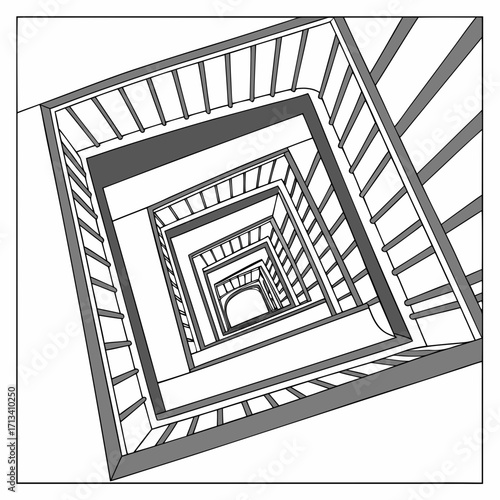 Abstract architectural illustration of a deep square well staircase viewed from above with repeating geometric patterns and vanishing points