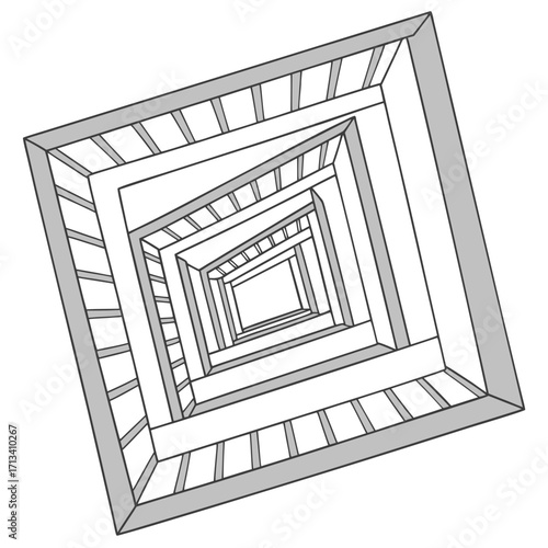 Abstract geometric perspective of a descending square spiral staircase with a sense of infinite depth and optical illusion