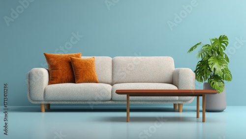 A minimalist living room features an off-white sofa with burnt orange throw pillows, a low brown coffee table, and a potted monstera deliciosa plant against a pale blue wall and floor