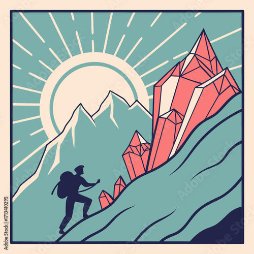 Adventurous silhouette hiker climbs a mountain slope towards giant pink crystals under a radiant sun and snowy peaks