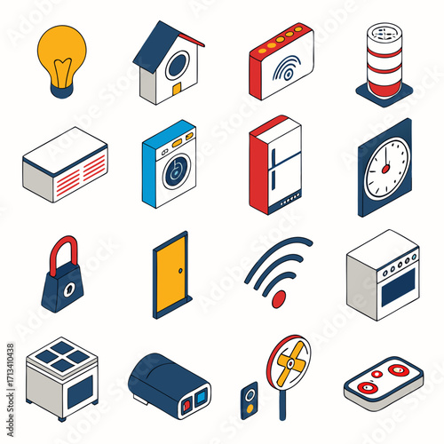 Collection of isometric smart home devices and icons representing technology and automation in a modern household setting