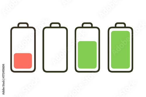 Battery charge level indicator icon set. Vector illustration showing power status from low and empty with red to medium and full charged with green. Energy loading progress.