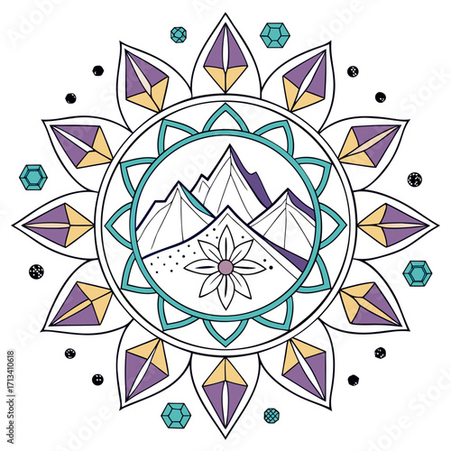 Geometric mandala design featuring mountains flower and crystals in purple yellow and teal colors