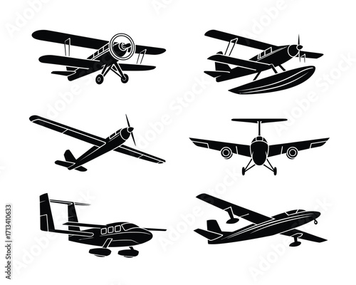 set of silhouettes of airplanes vector