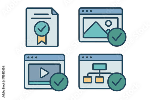 Digital asset validation and media certification icon set. Content verification for images, video, and documents. Quality control check mark and approval symbols. Compliance.