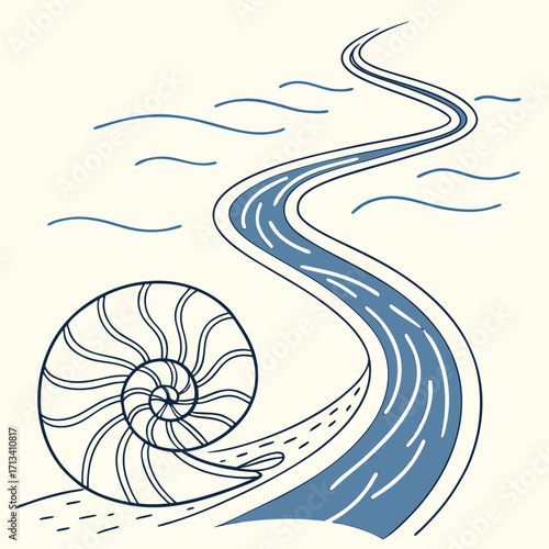 Stylized illustration of a winding river flowing from a nautilus shell with abstract wavy lines suggesting clouds or water ripples against a cream background