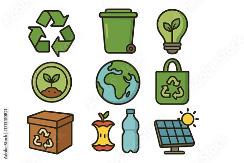 Eco friendly icons set for sustainability. Green energy and recycling concept. Environmental conservation and waste management symbols. Vector cartoon illustration for awareness.