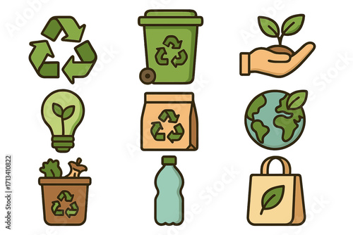 Ecology and recycling icon collection. Green vector symbols for sustainable living, waste management, and environmental conservation. Zero waste and nature concept design set.