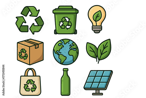Eco friendly icon set for sustainability and environmental awareness. Green energy, recycling, and waste management concept. Vector collection with solar panel and earth.