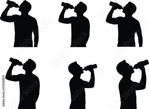 Person drinking from bottle silhouette sequence, various postures and angles, beverage consumption illustration, hydration concept, lifestyle design, health awareness, human activity representation