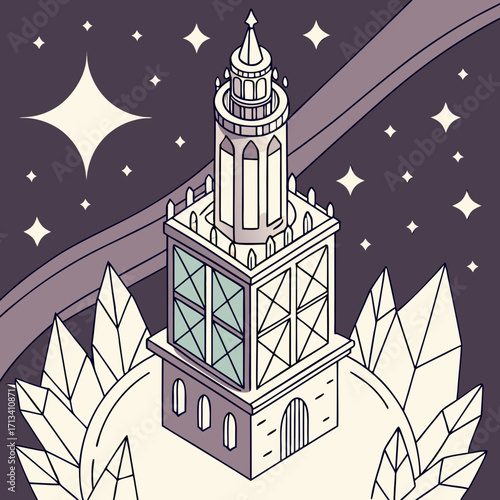 Stylized isometric illustration of a tall white tower with a spire surrounded by crystalline structures and stars against a dark purple night sky