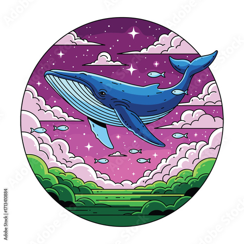 Vector Illustration of Blue Whale in Cosmic Night Sky with Stars and Clouds in Modern Stylized Design