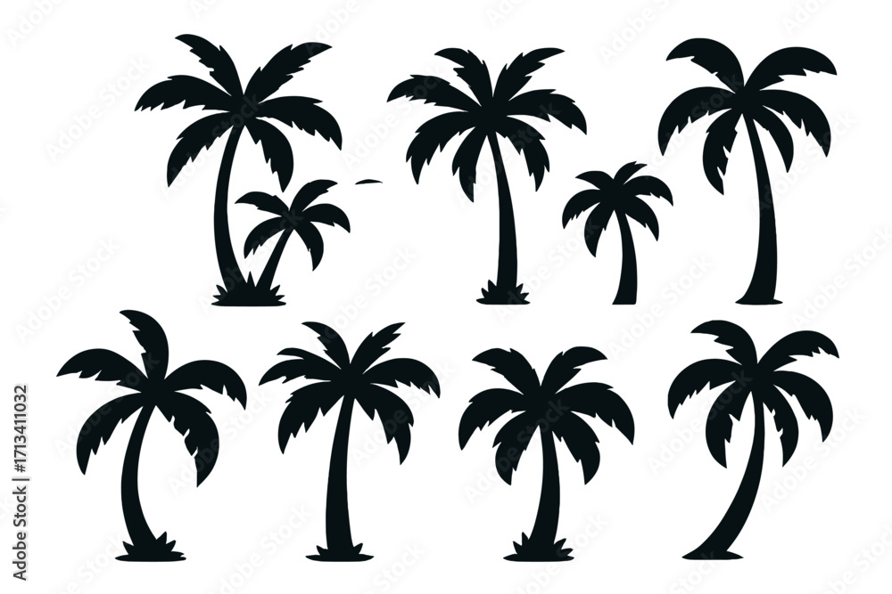 Fototapeta premium Set of black palm tree silhouettes. Vector collection of isolated tropical coconut palms. Summer vacation, beach, and paradise island design elements. Exotic nature graphic icons.