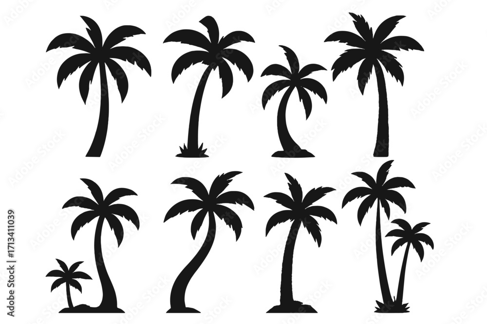 Fototapeta premium Set of black palm tree silhouettes. Tropical summer vacation icon collection. Exotic island beach tree vector design elements for logo, poster or t-shirt print graphic.